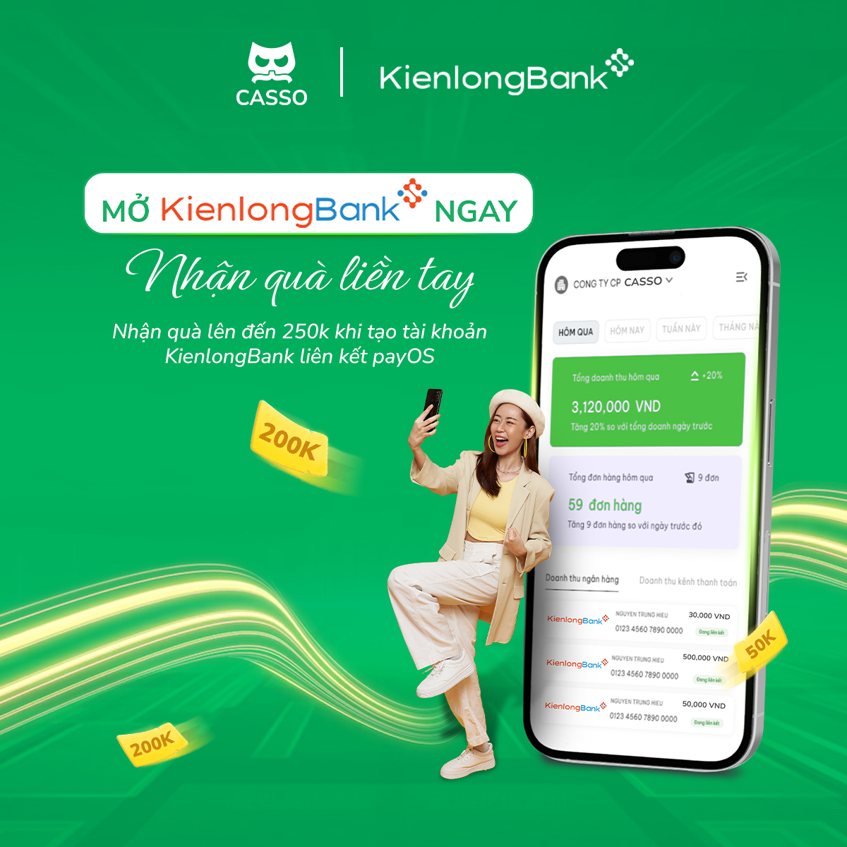 Ưu đãi lên đến 250k khi tạo tài khoản KLB liên kết Casso Flow